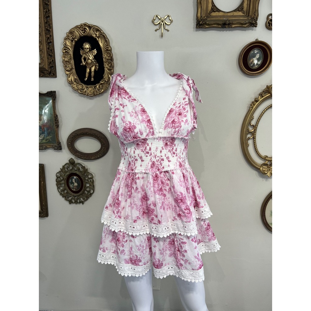 Colorful Natalie Pink Floral Tie Strap Smocked Tiered Eyelet Mini Dress Womens L
